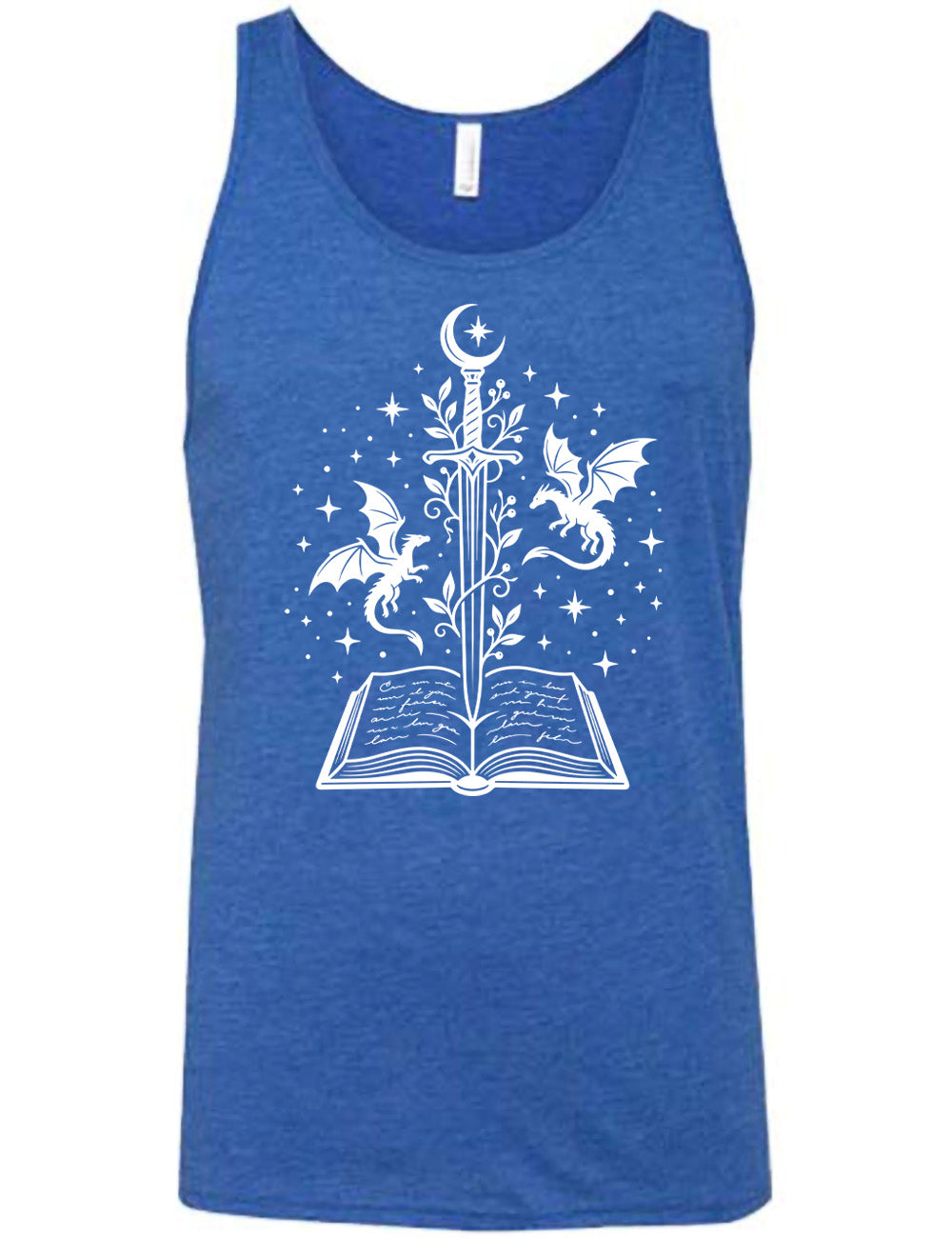 blue unisex tank with the graphic of a sword, with a crescent moon on top of the handle and with a vine wrapping around it, pointing down into an open book, surrounded by stars, and a dragon flying on either side