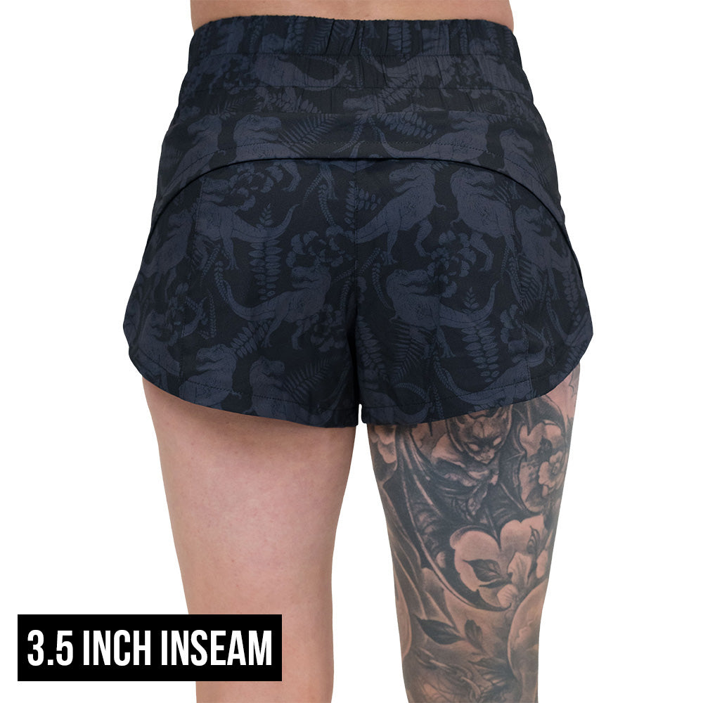 back of the 3.5 inch inseam dino print shorts