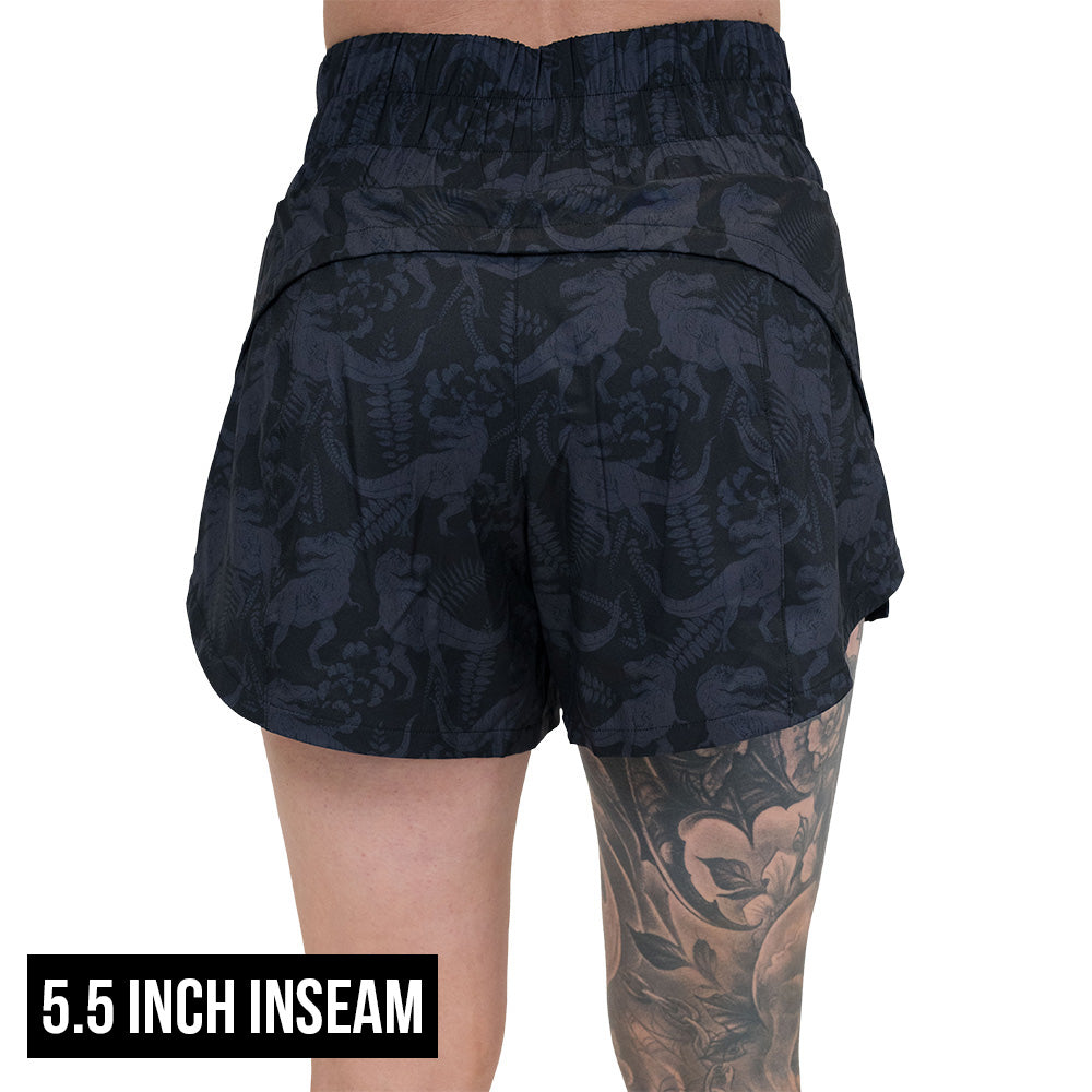 back of the 5.5 inch inseam dino print shorts