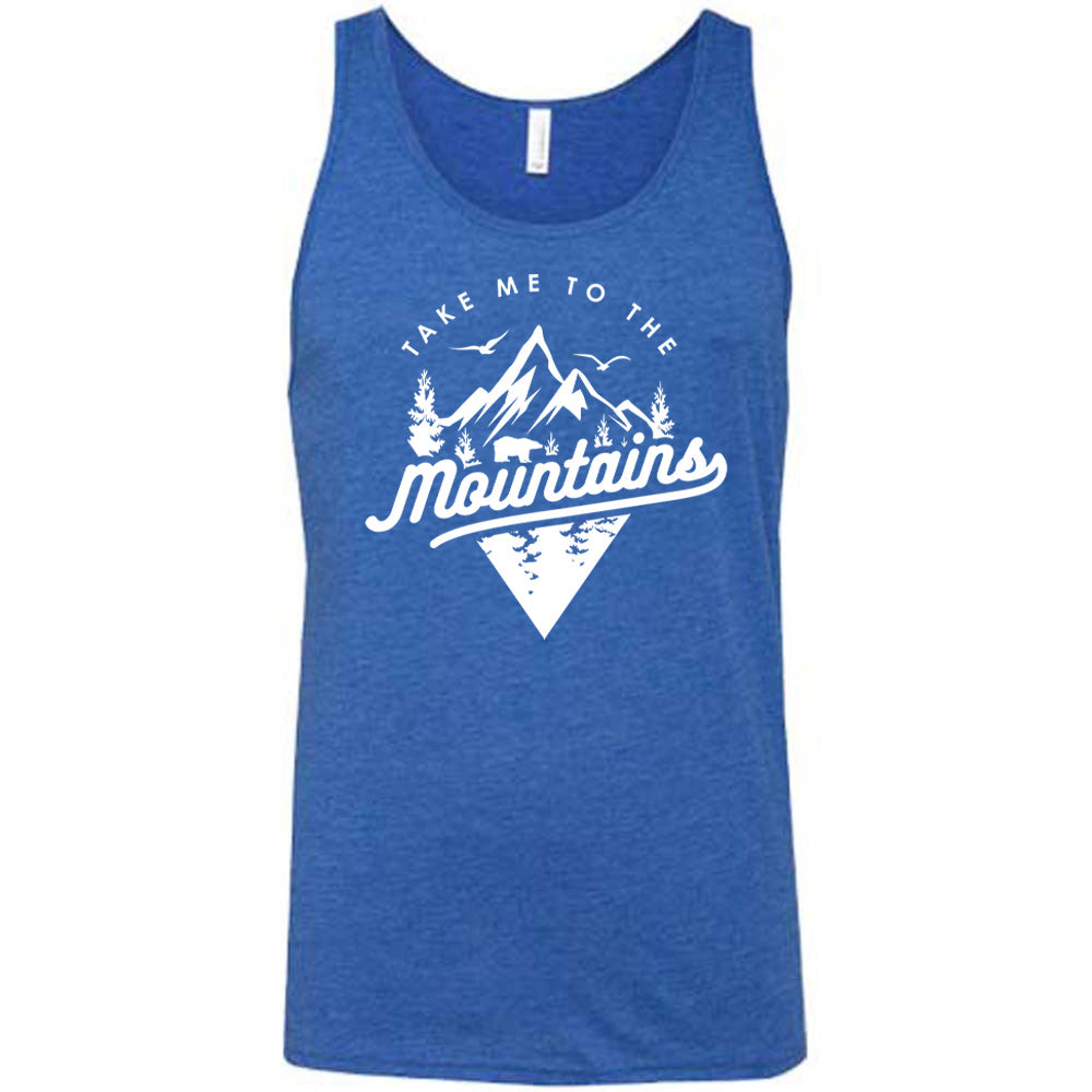 Blue colored tank with a mountains graphic on it that says "Take Me To The Mountains"
