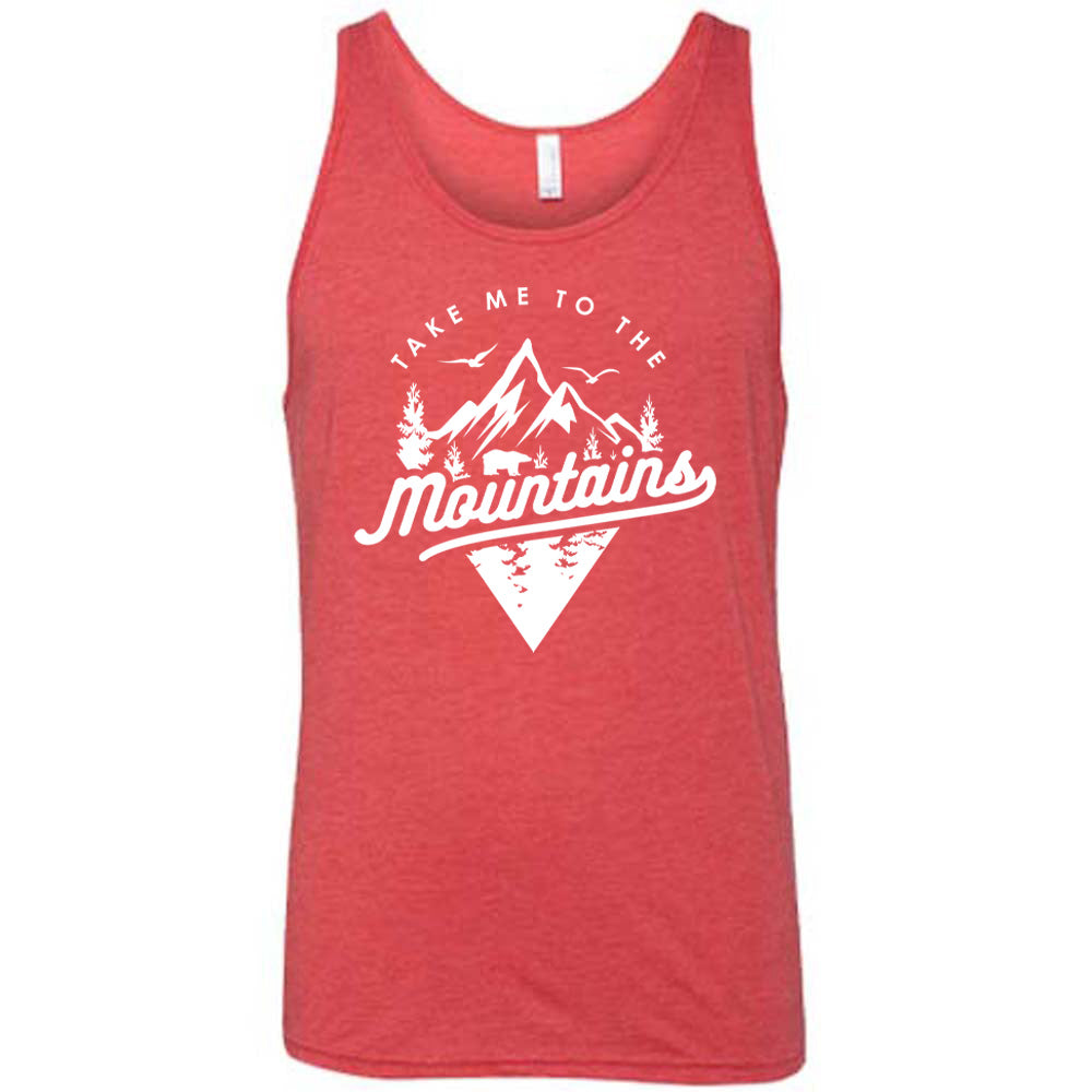 Red colored tank with a mountains graphic on it that says "Take Me To The Mountains"