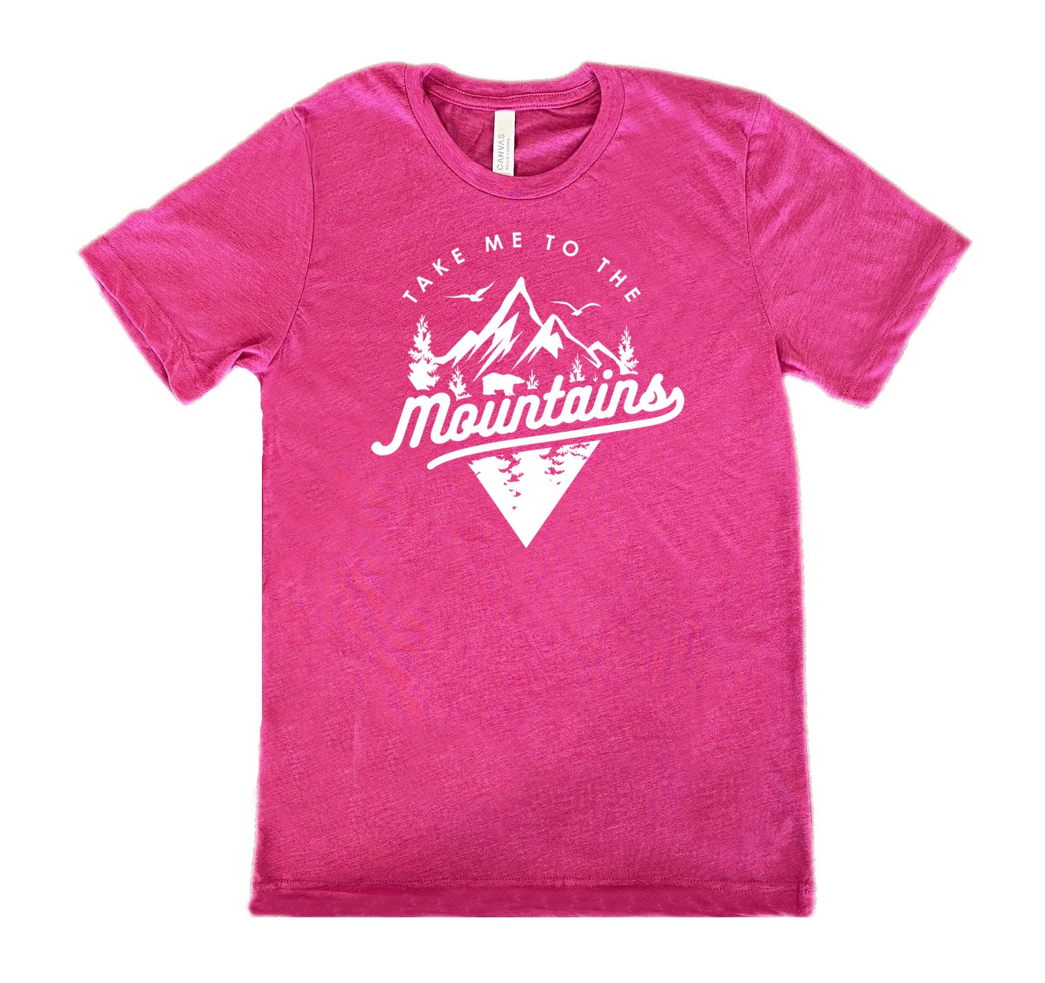 Berry colored shirt with a mountains graphic on it that says "Take Me To The Mountains"