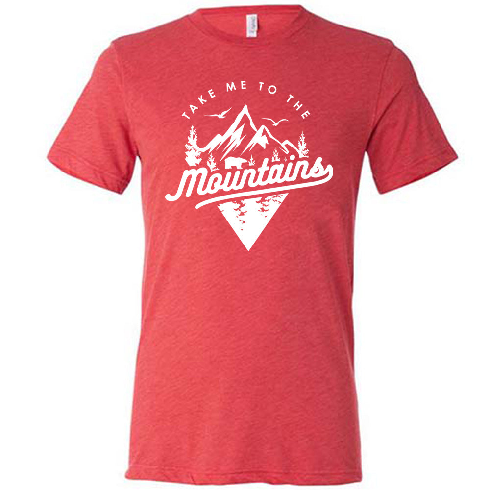 Red colored shirt with a mountains graphic on it that says "Take Me To The Mountains"