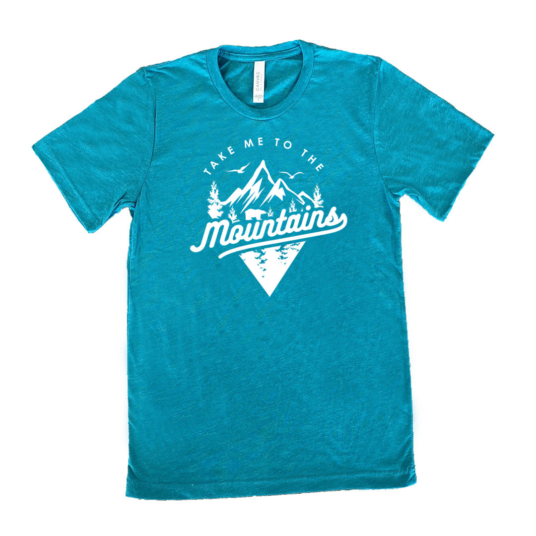 Teal colored shirt with a mountains graphic on it that says "Take Me To The Mountains"