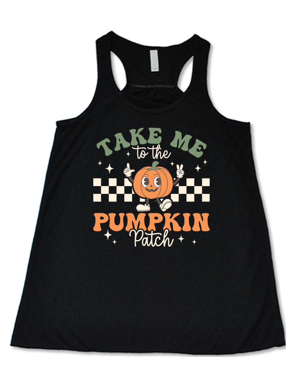black flowy racerback tank with the retro design of a pumpkin with arms raised, foot kicked out, in front of a checkered panel, with a few stars around, and the words above and below saying "Take me to the pumpkin patch"
