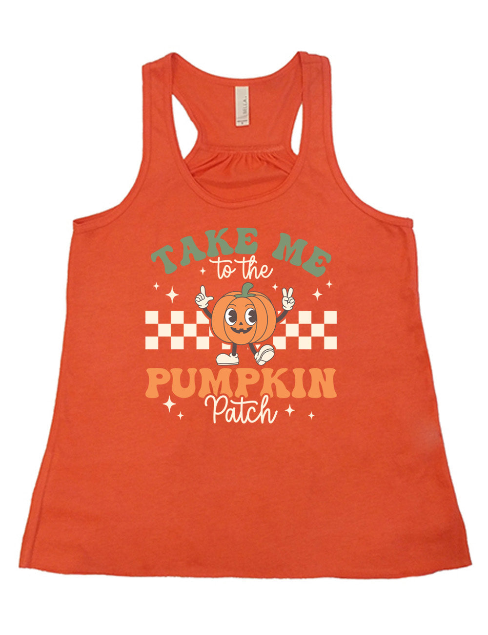 coral flowy racerback tank with the retro design of a pumpkin with arms raised, foot kicked out, in front of a checkered panel, with a few stars around, and the words above and below saying "Take me to the pumpkin patch"