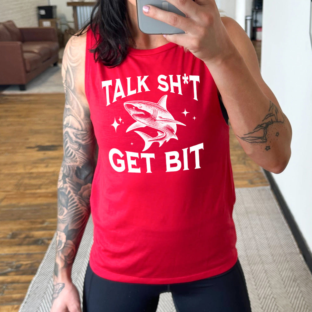 red muscle tank with a shark graphic on it that says "Talk Shit Get Bit"