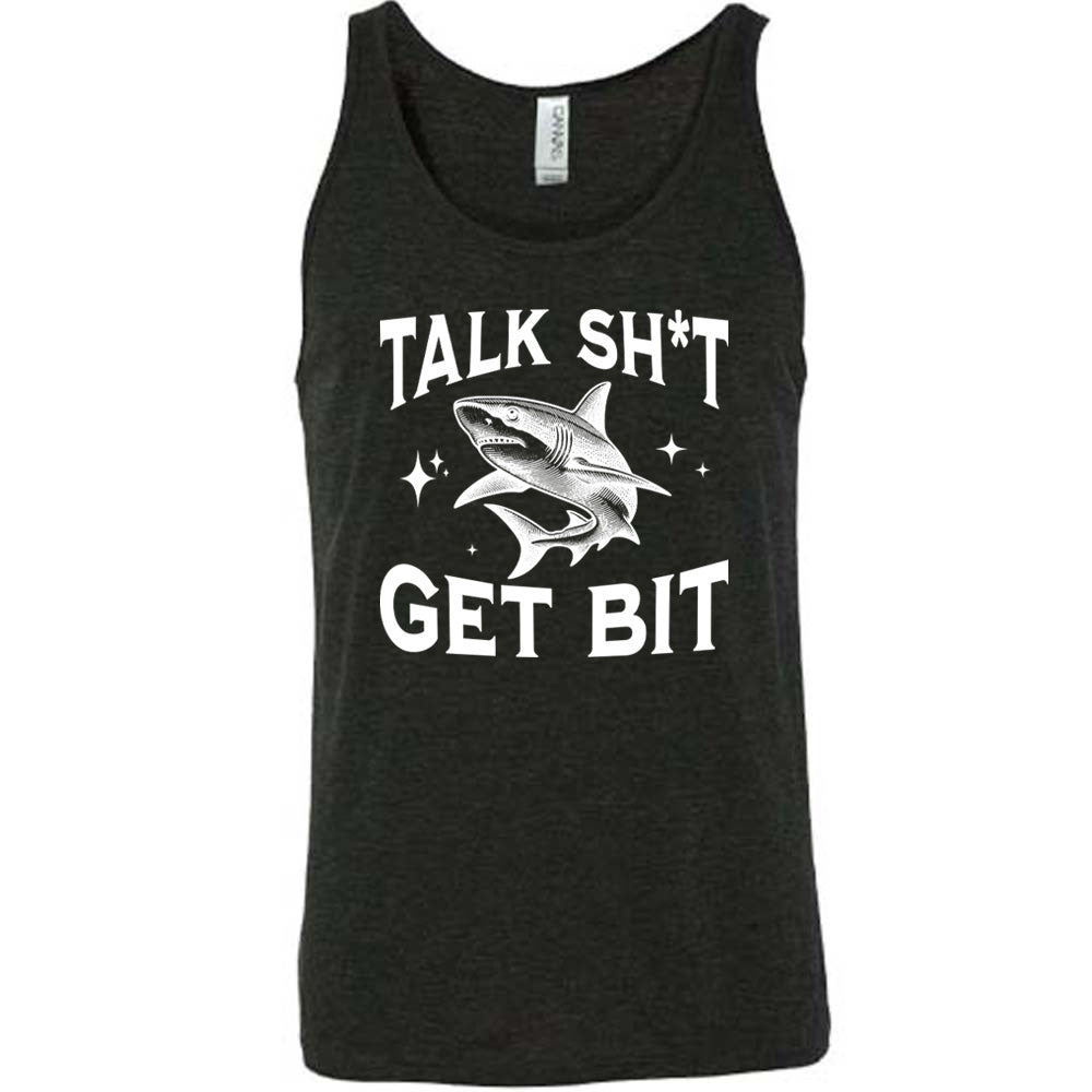 Black colored tank with a shark graphic on it that says "Talk Shit Get Bit"