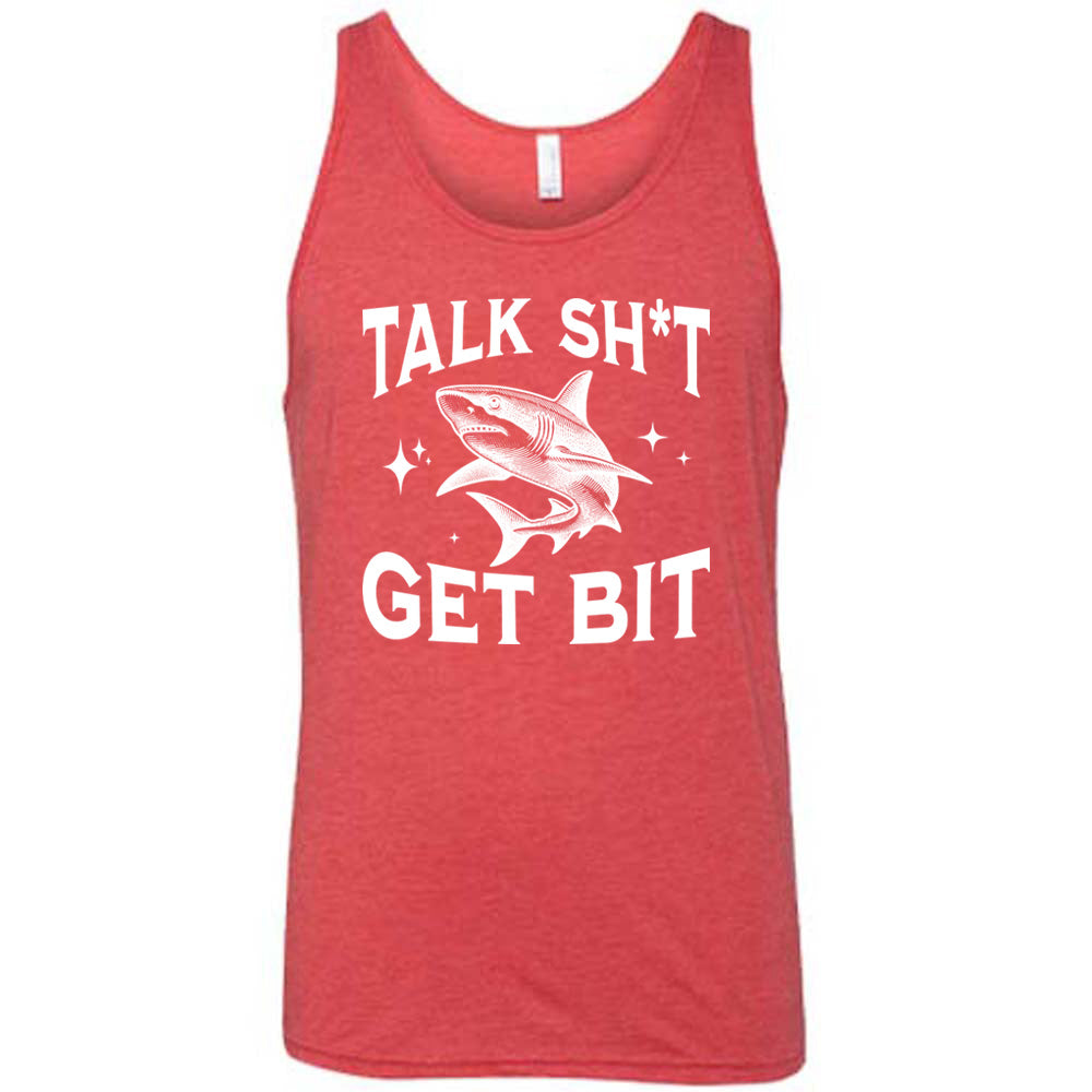 Red colored tank with a shark graphic on it that says "Talk Shit Get Bit"