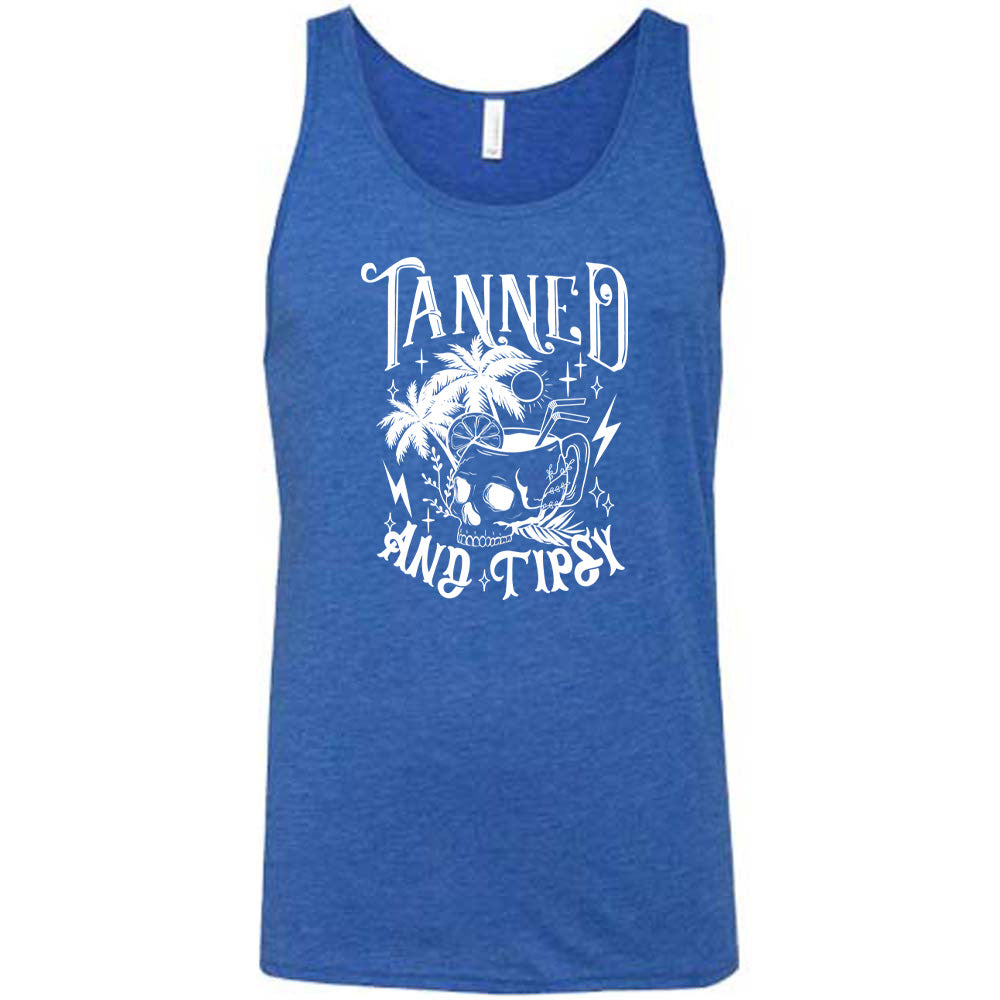 Blue colored tank with a drink inside a skull cup graphic on it that says "Tanned and Tipsy"