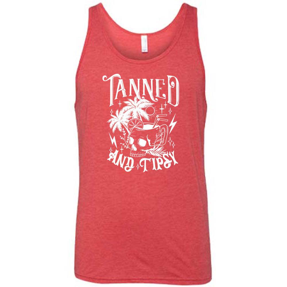 Red colored tank with a drink inside a skull cup graphic on it that says "Tanned and Tipsy"