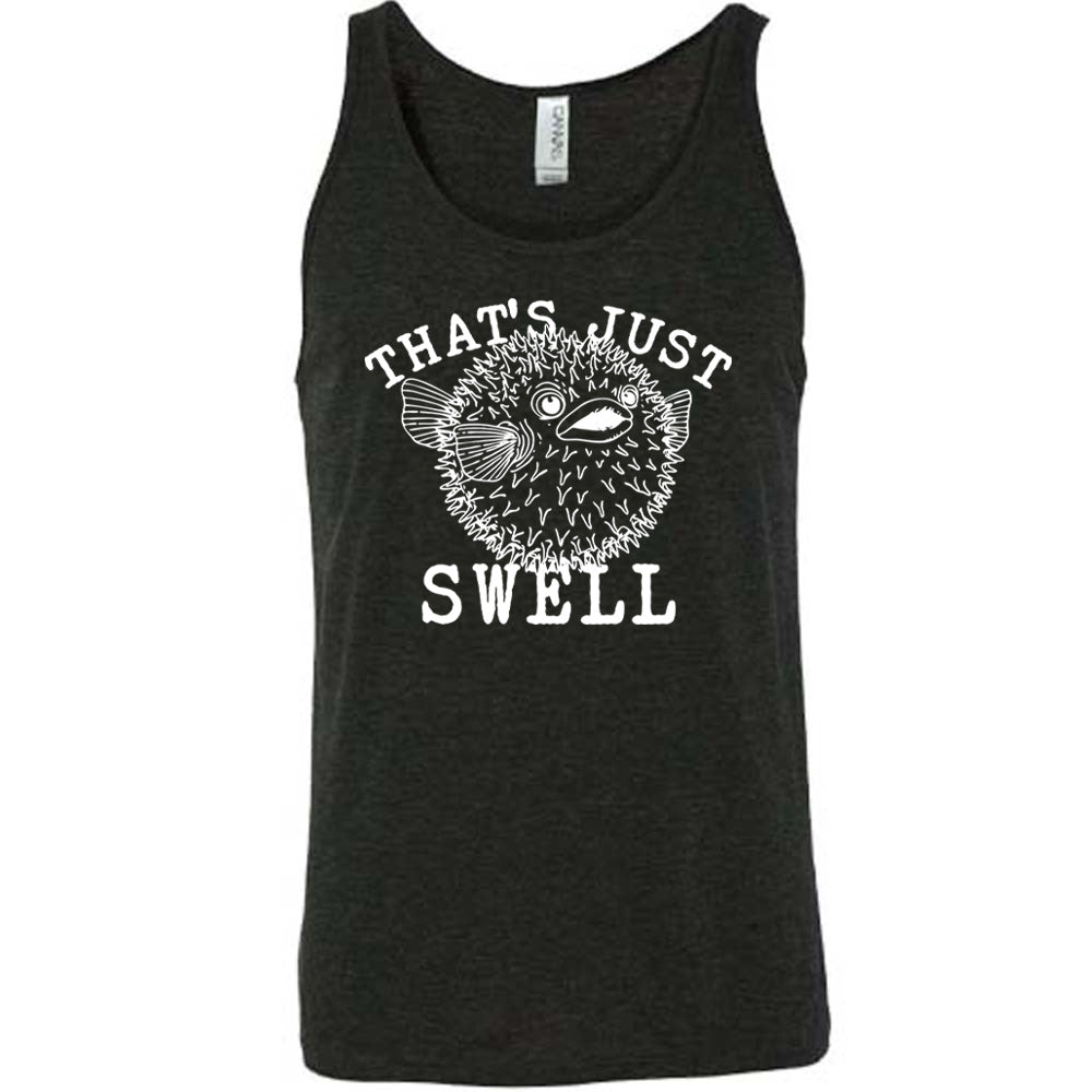 Black colored tank with a pufferfish graphic on it that says "That's Just Swell"