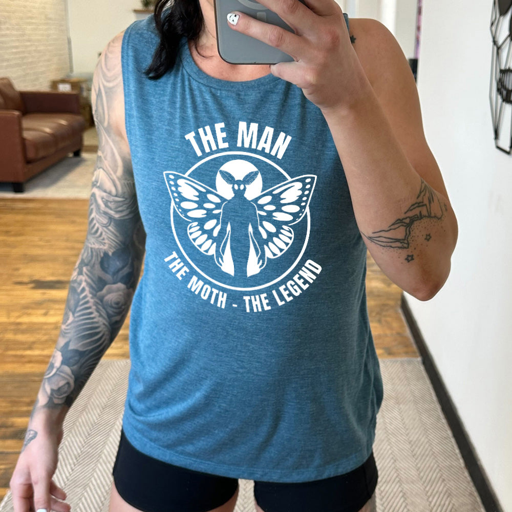 deep teal muscle tank with mothman graphic on it that says "The Man The Moth The Legend"