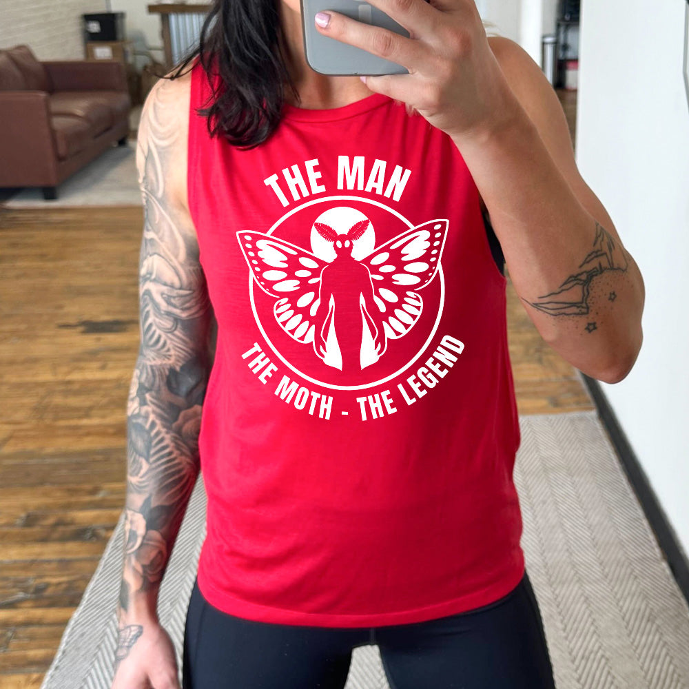 red muscle tank with mothman graphic on it that says "The Man The Moth The Legend"