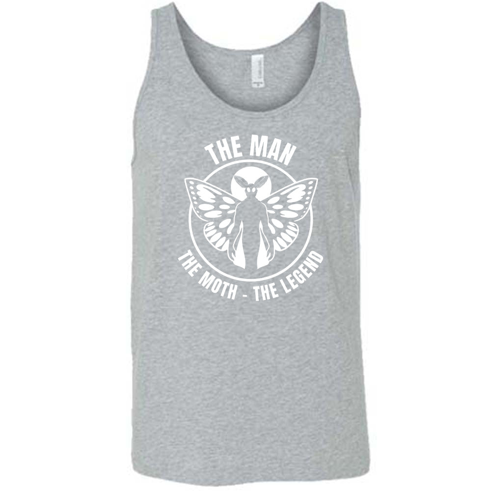 Grey colored tank with mothman graphic on it that says "The Man The Moth The Legend"