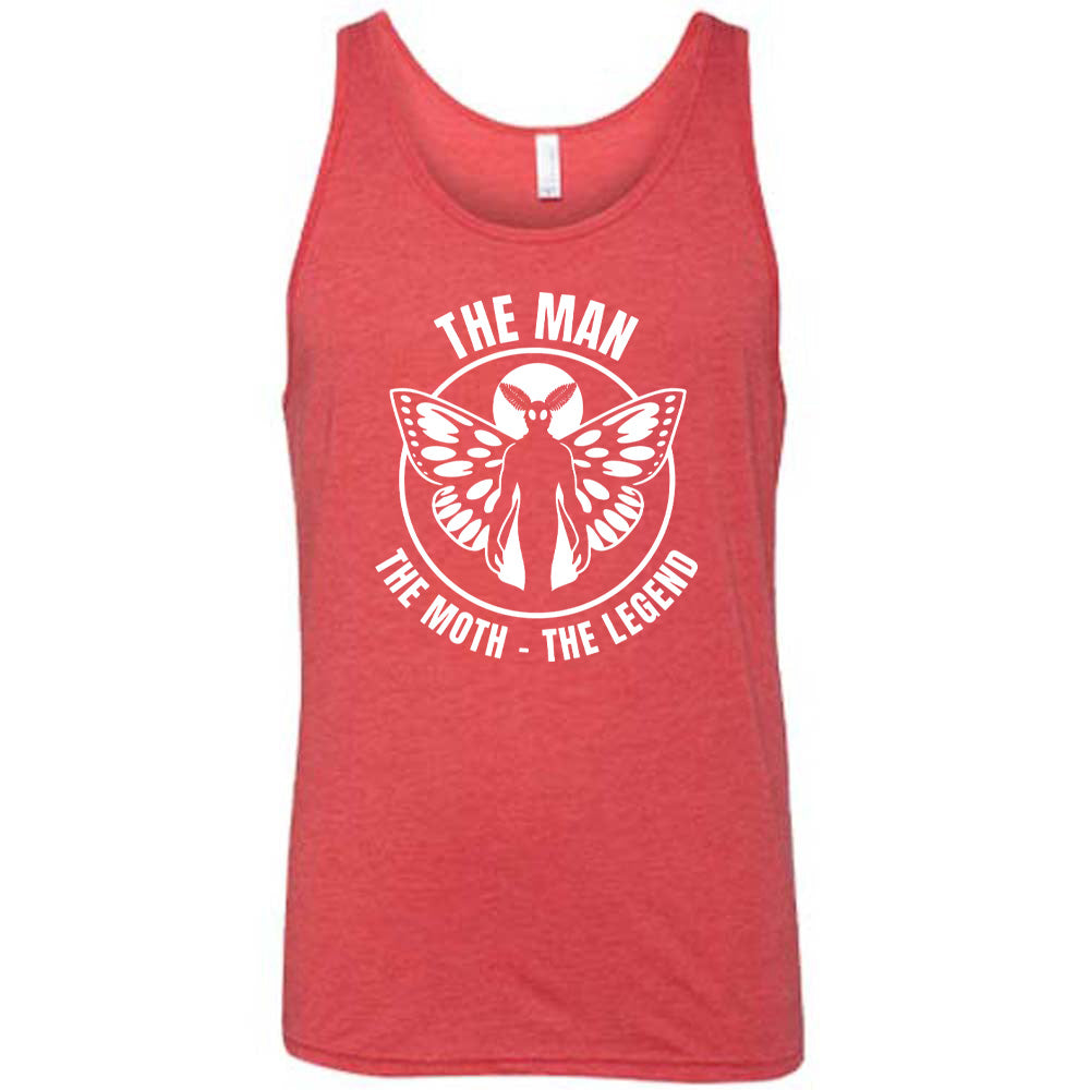 Red colored tank with mothman graphic on it that says "The Man The Moth The Legend"