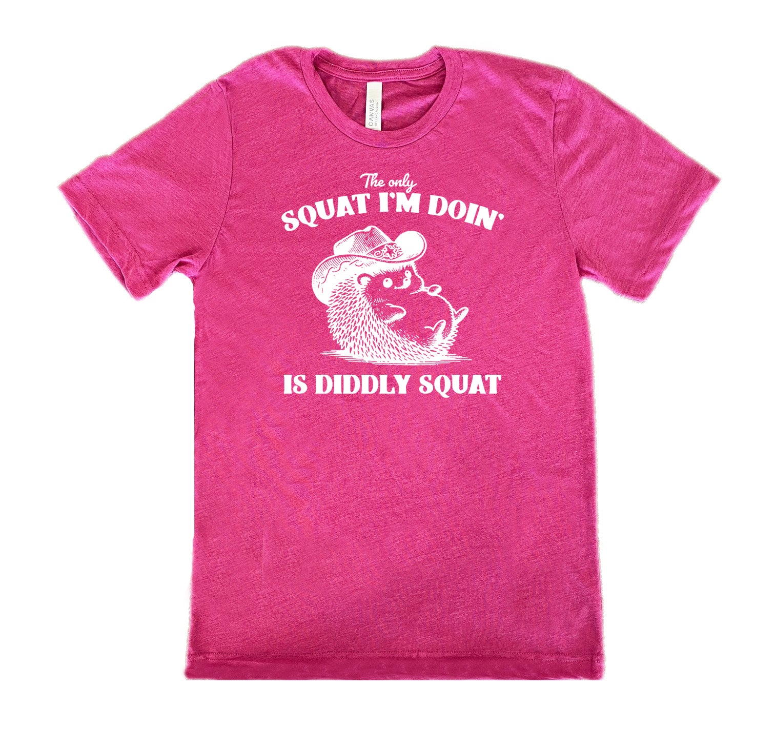 Berry colored shirt with a porcupine in a cowboy hat graphic on it that says "The Only Squat I'm Doing Is Diddly Squat"