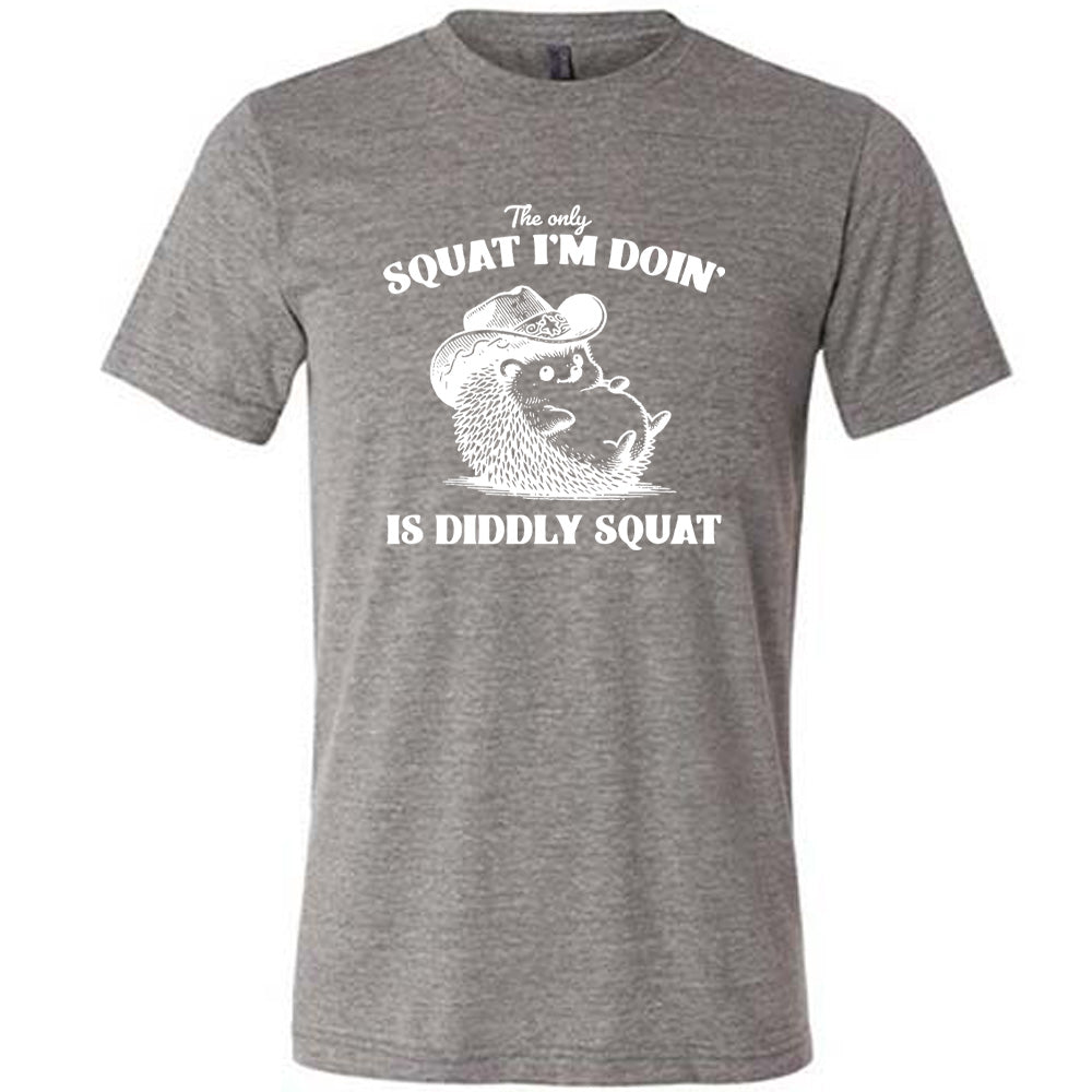 Grey colored shirt with a porcupine in a cowboy hat graphic on it that says "The Only Squat I'm Doing Is Diddly Squat"