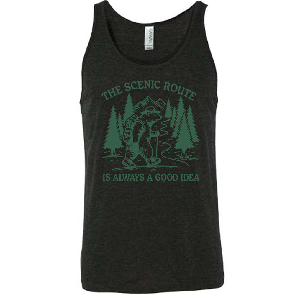 black unisex tank with the words "the scenic route is always a good idea" with a bear hiking on a trail through the woods
