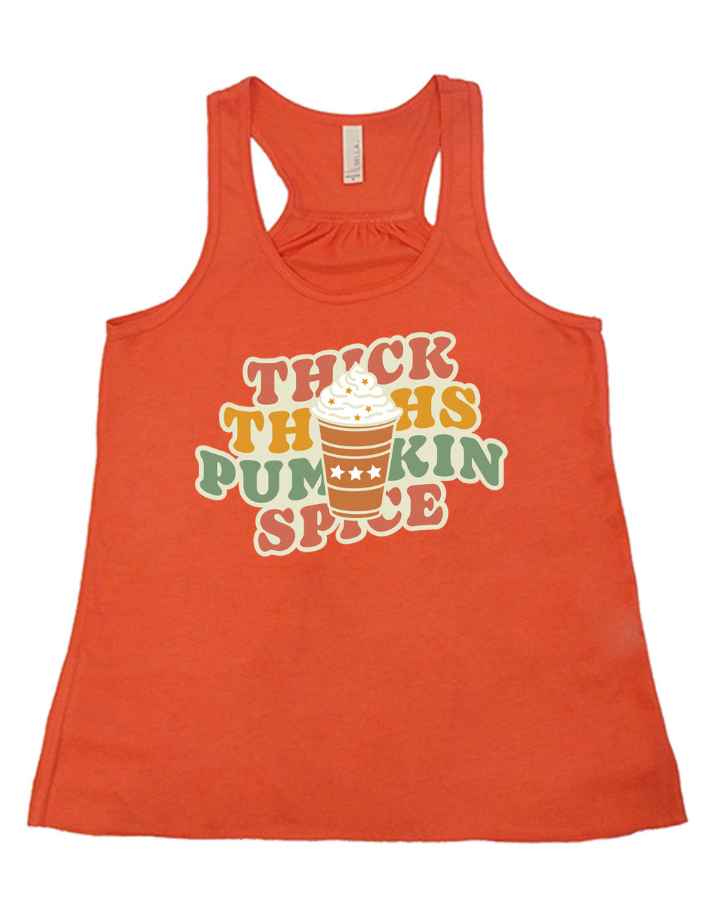 coral flowy racerback tank with the words "thick thighs pumpkin spice" on it, with the graphic of a pumpkin spice latte, topped with whipped cream, in front of the words