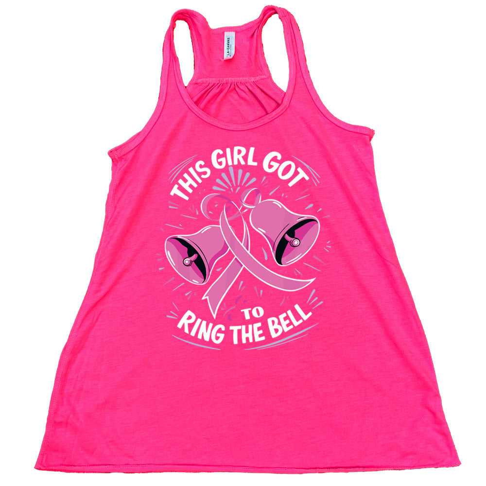 pink tank top with the text "This Girl Got To Ring The Bell" on it