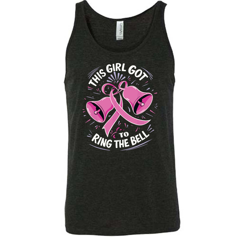 black t-shirt with pink breast cancer awareness ribbon and text "This Girl Got To Ring The Bell" on a white background