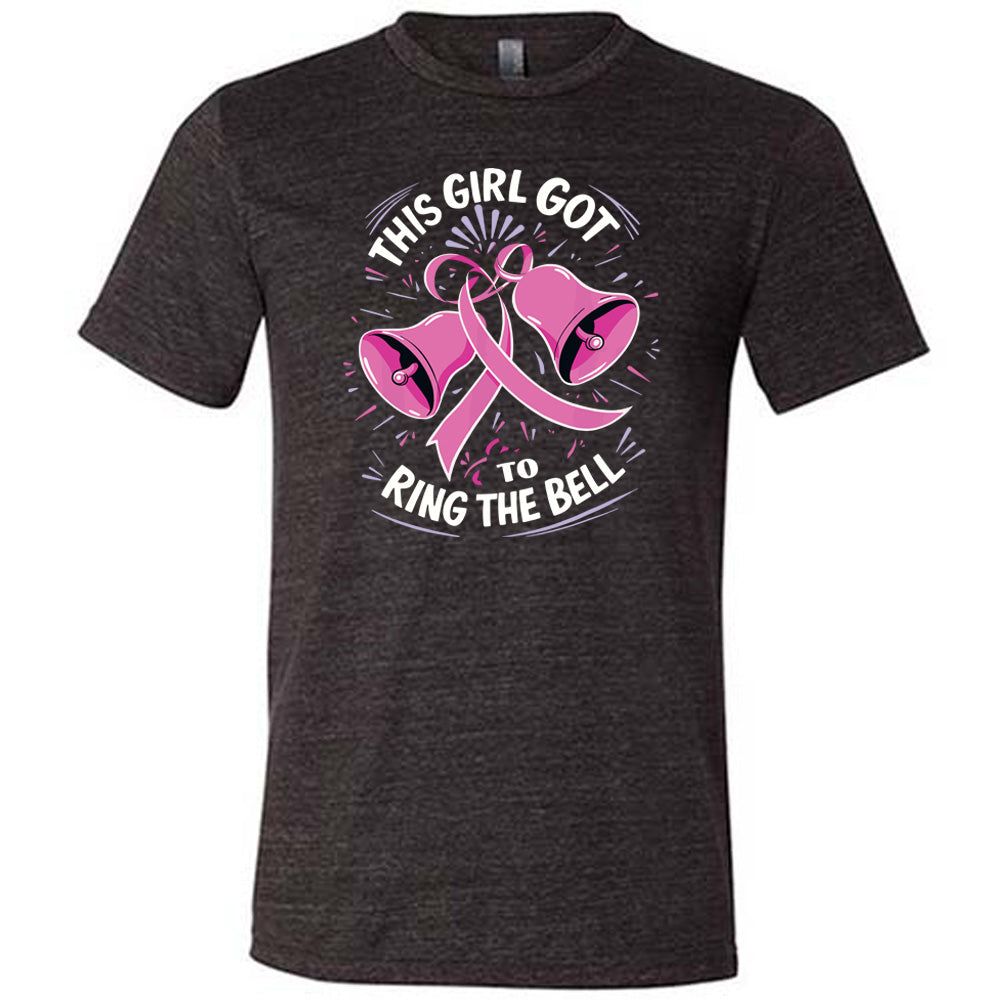 black t-shirt with pink breast cancer awareness ribbon and text "This Girl Got To Ring The Bell" on a white background