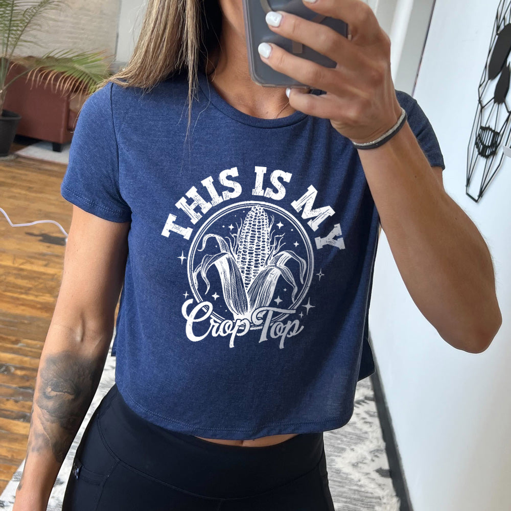 heather navy cropped tee with corn on the cob graphic on it that says "This Is My Crop Top"