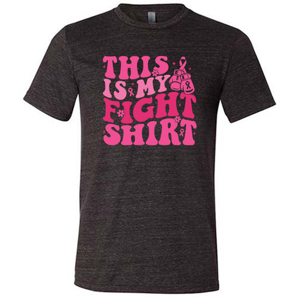black t-shirt with pink text 'This is my fight shirt' on a white background