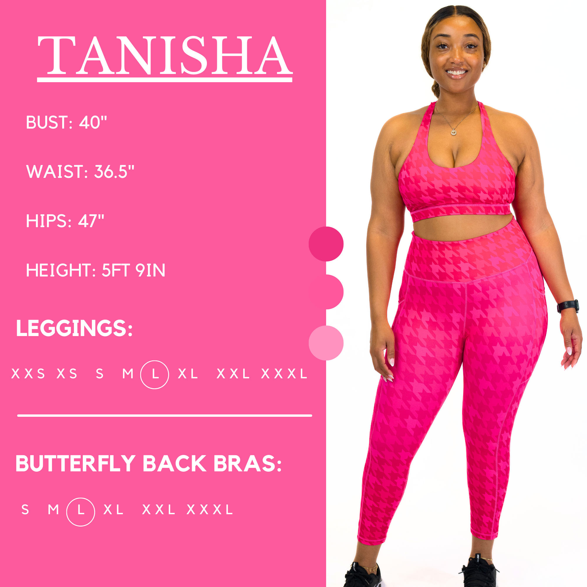 Graphic showing the measurements of a model. Her bust is 43 inches, waist is 41 inches, hips are 48 inches, and height is 5 foot and 9.5 inches. She wears a size large in our leggings