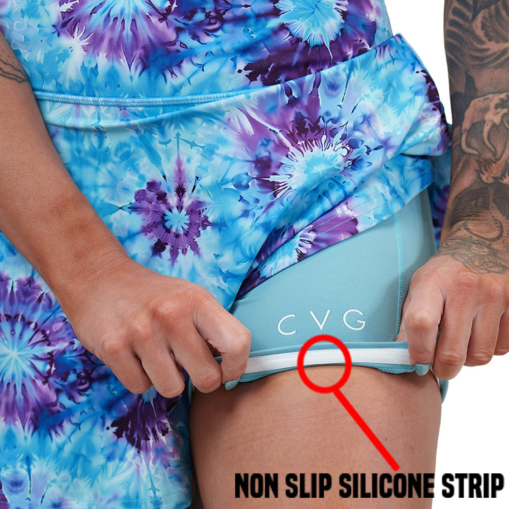 non slip strip on the blue and purple tie dye patterned skirt