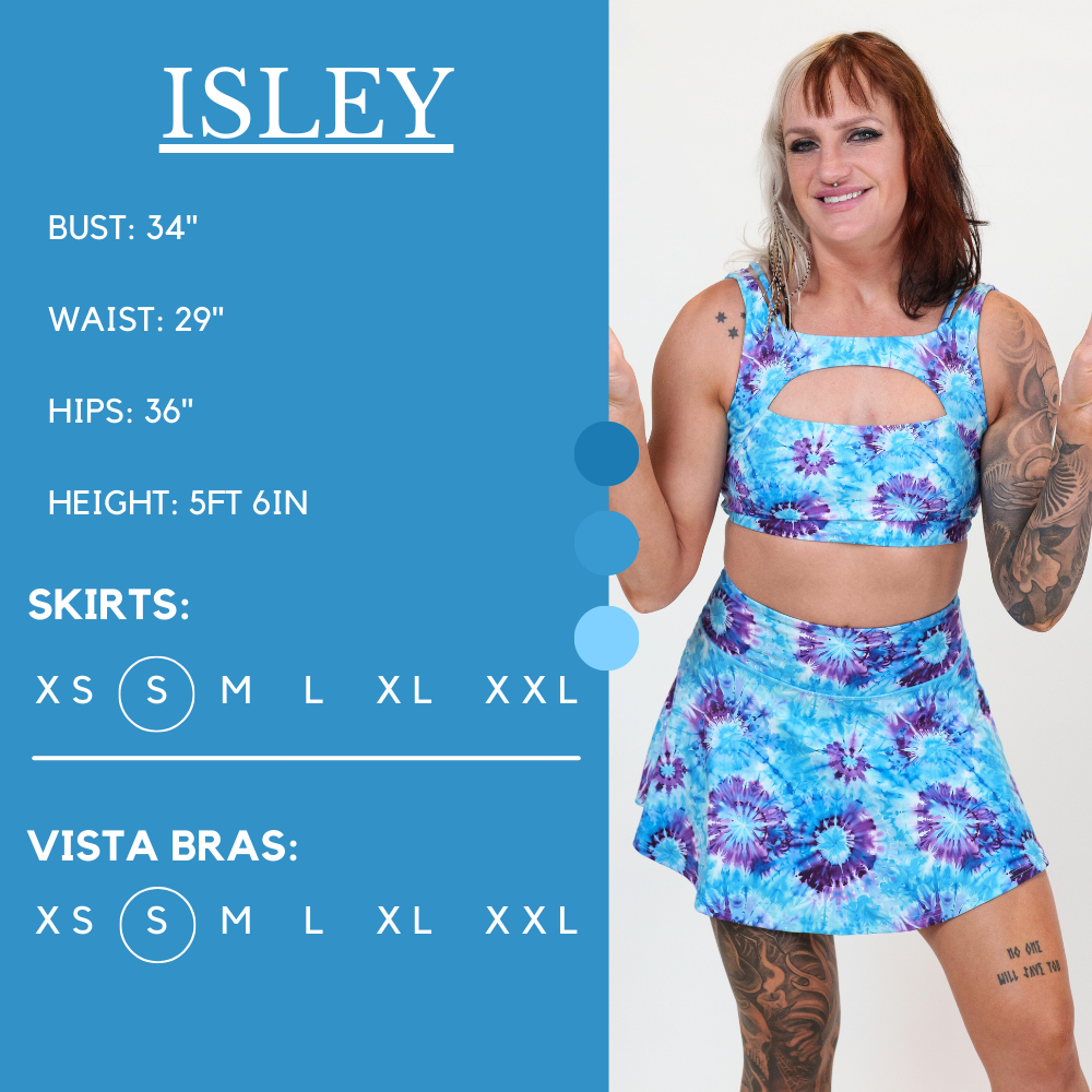 Model’s measurements of 34” bust, 29” waist, 36” hips and height of 5 ft 6 inches. She is wearing a size small in the skirt