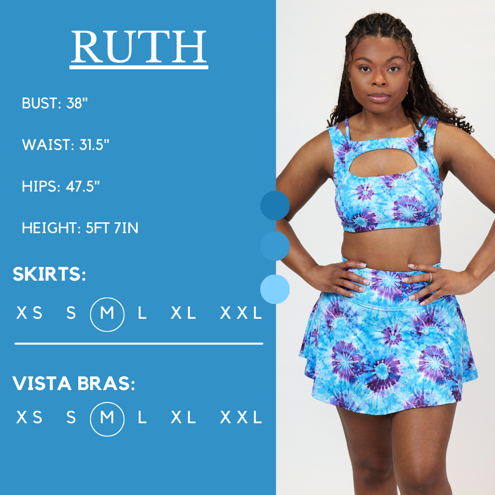 Model’s measurements of 37.5” bust, 31.5” waist, 47.5” hips and height of 5 ft 7 inches. She is wearing a size medium in the skirt