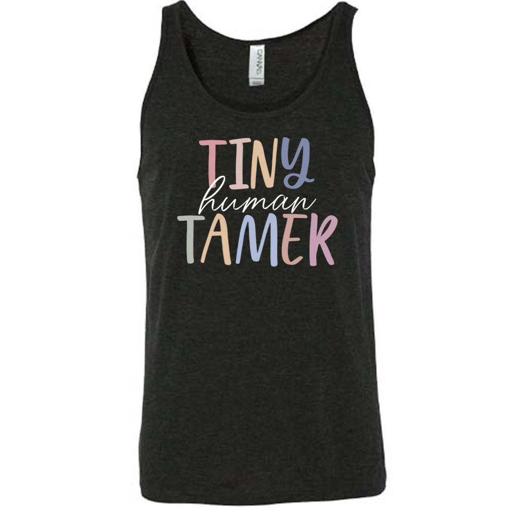 Black colored tank with a graphic on it that says "Tiny Human Tamer"