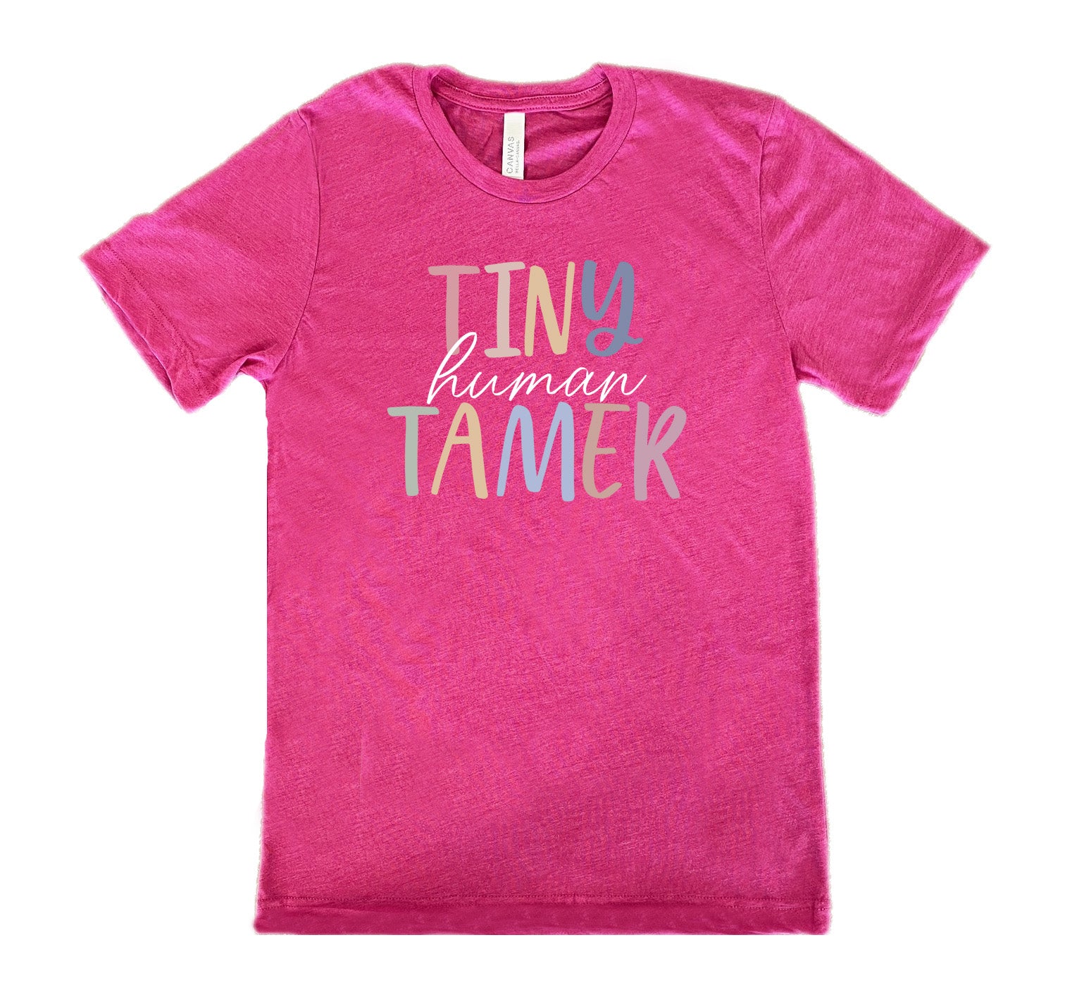 Berry colored shirt with a graphic on it that says "Tiny Human Tamer"