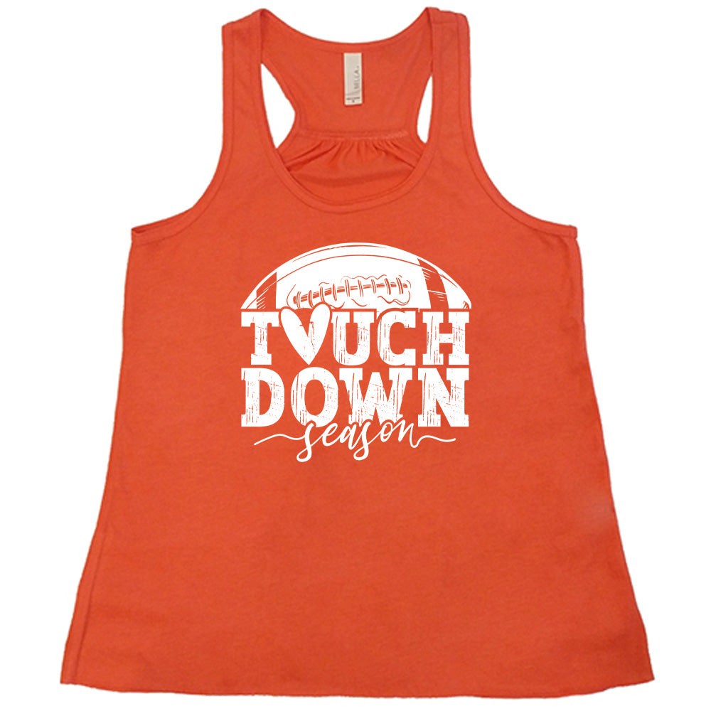 Coral colored flowy tank with football graphic on it that says "Touchdown Season"