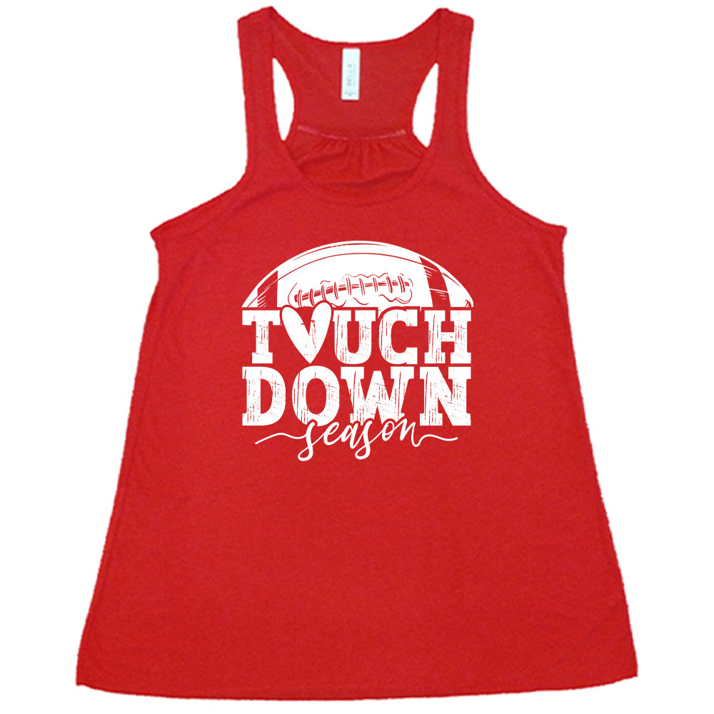 Red colored flowy tank with football graphic on it that says "Touchdown Season"