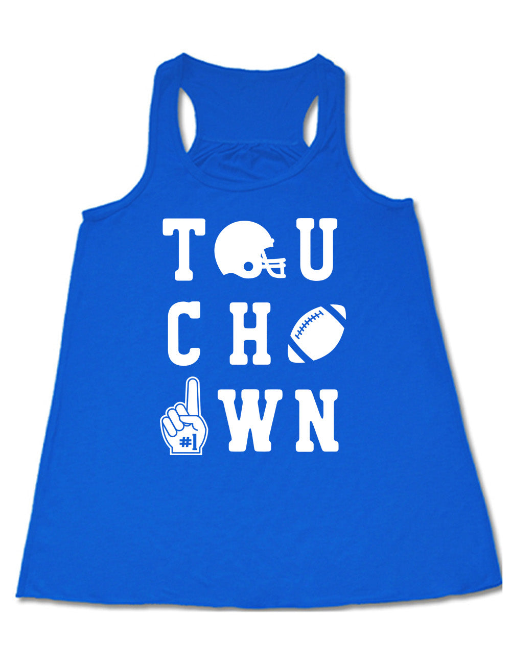 blue flowy racerback tank with the word "touchdown" spelled out over three rows, and with the first "o" being a football helmet, the "d" being a football, and the last "o" being a foam finger with #1 on it