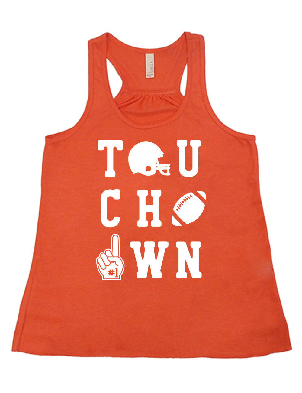 coral flowy racerback tank with the word "touchdown" spelled out over three rows, and with the first "o" being a football helmet, the "d" being a football, and the last "o" being a foam finger with #1 on it