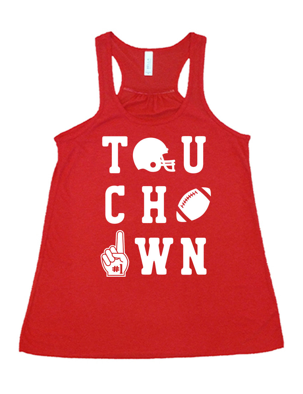 red flowy racerback tank with the word "touchdown" spelled out over three rows, and with the first "o" being a football helmet, the "d" being a football, and the last "o" being a foam finger with #1 on it