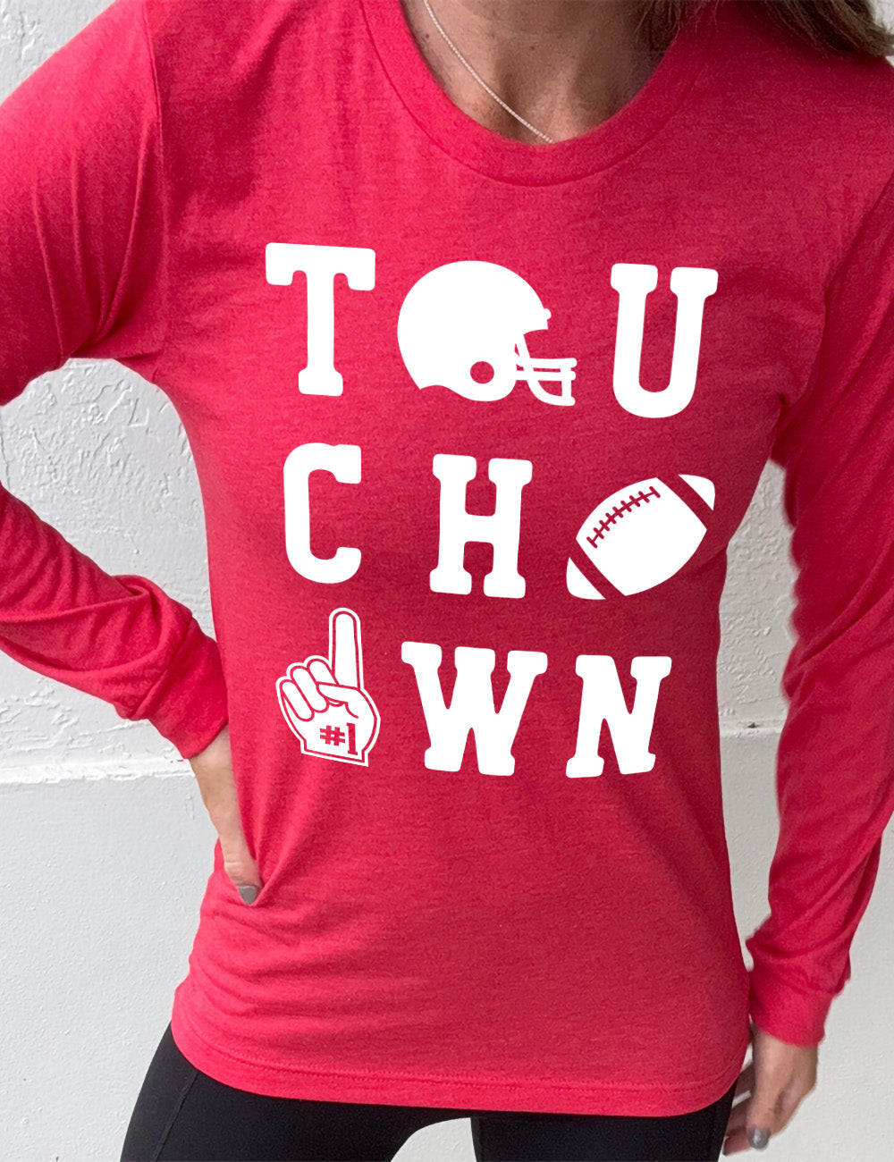 heather red long sleeve tee with the word "touchdown" spelled out over three rows, and with the first "o" being a football helmet, the "d" being a football, and the last "o" being a foam finger with #1 on it