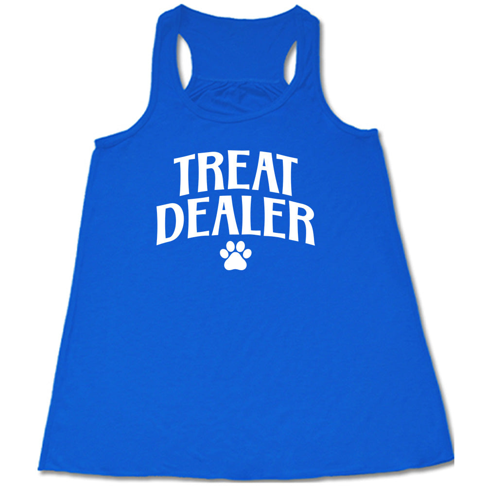 Blue colored flowy tank with paw print graphic on it that says "TREAT DEALER"