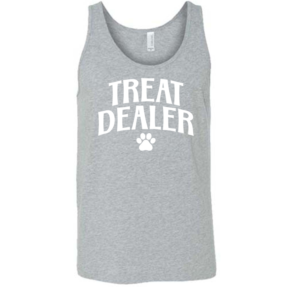 Grey colored tank with paw print graphic on it that says "TREAT DEALER"