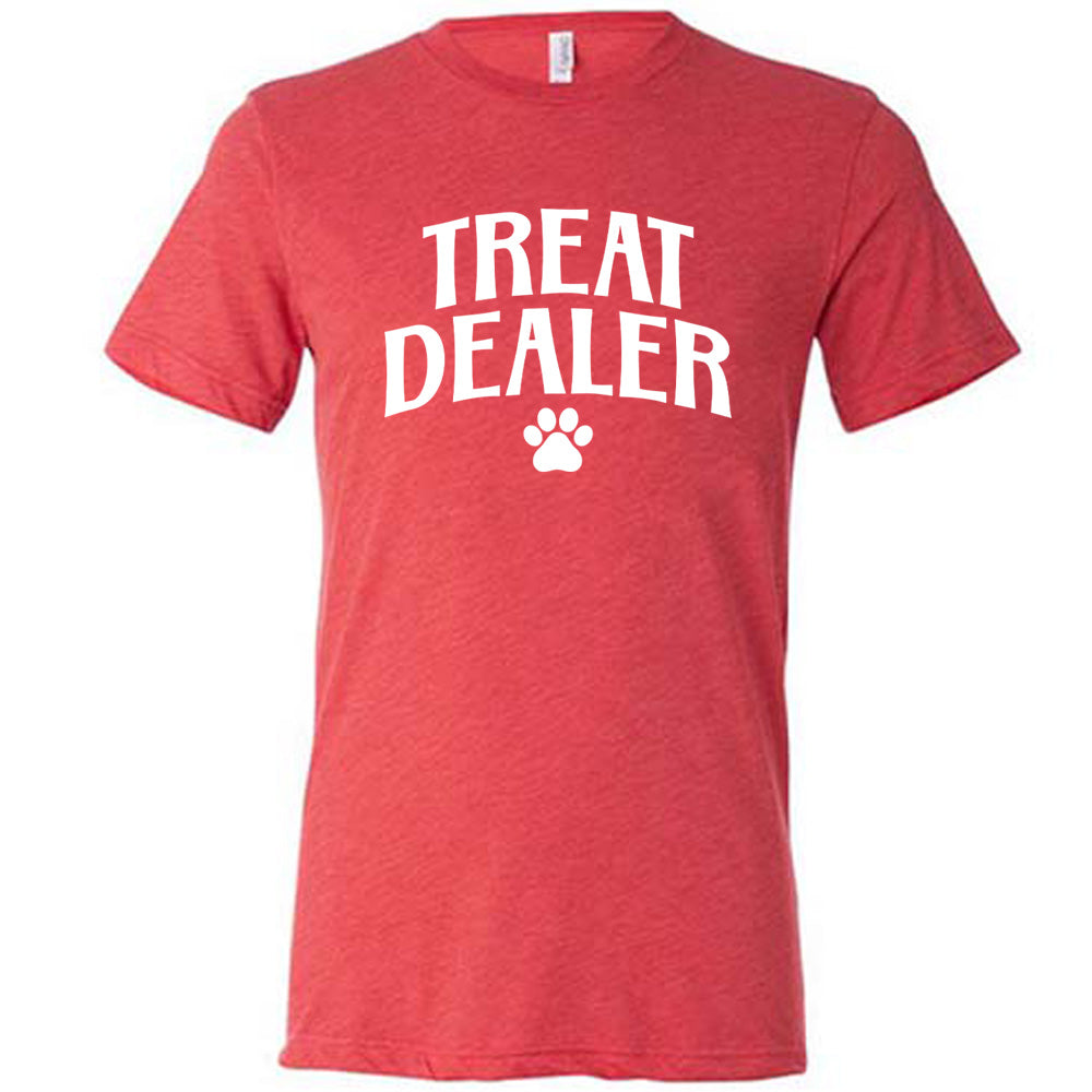 Red colored shirt with paw print graphic on it that says "TREAT DEALER"