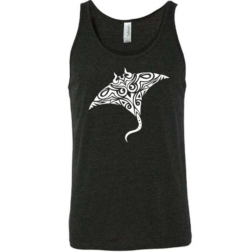 blue unisex tank with the graphic of a manta ray in tribal design