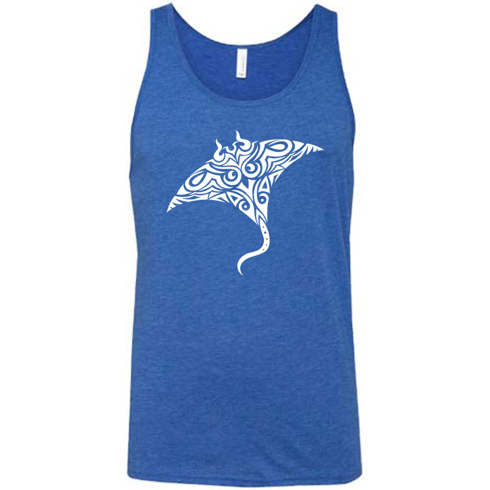 blue unisex tank with the graphic of a manta ray in tribal design
