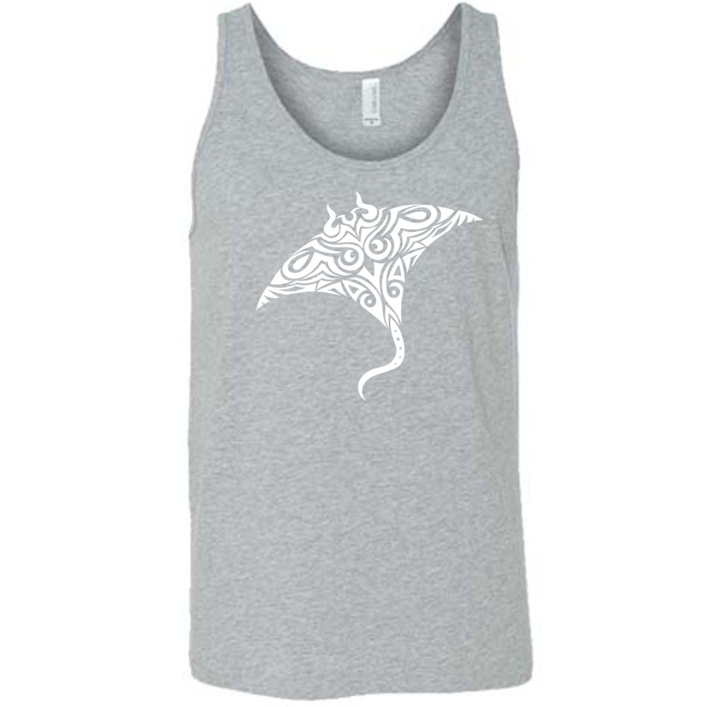 grey unisex tank with the graphic of a manta ray in tribal design