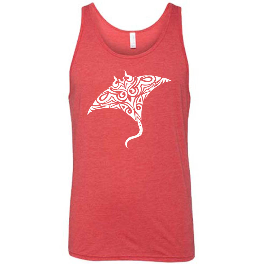 red unisex tank with the graphic of a manta ray in tribal design