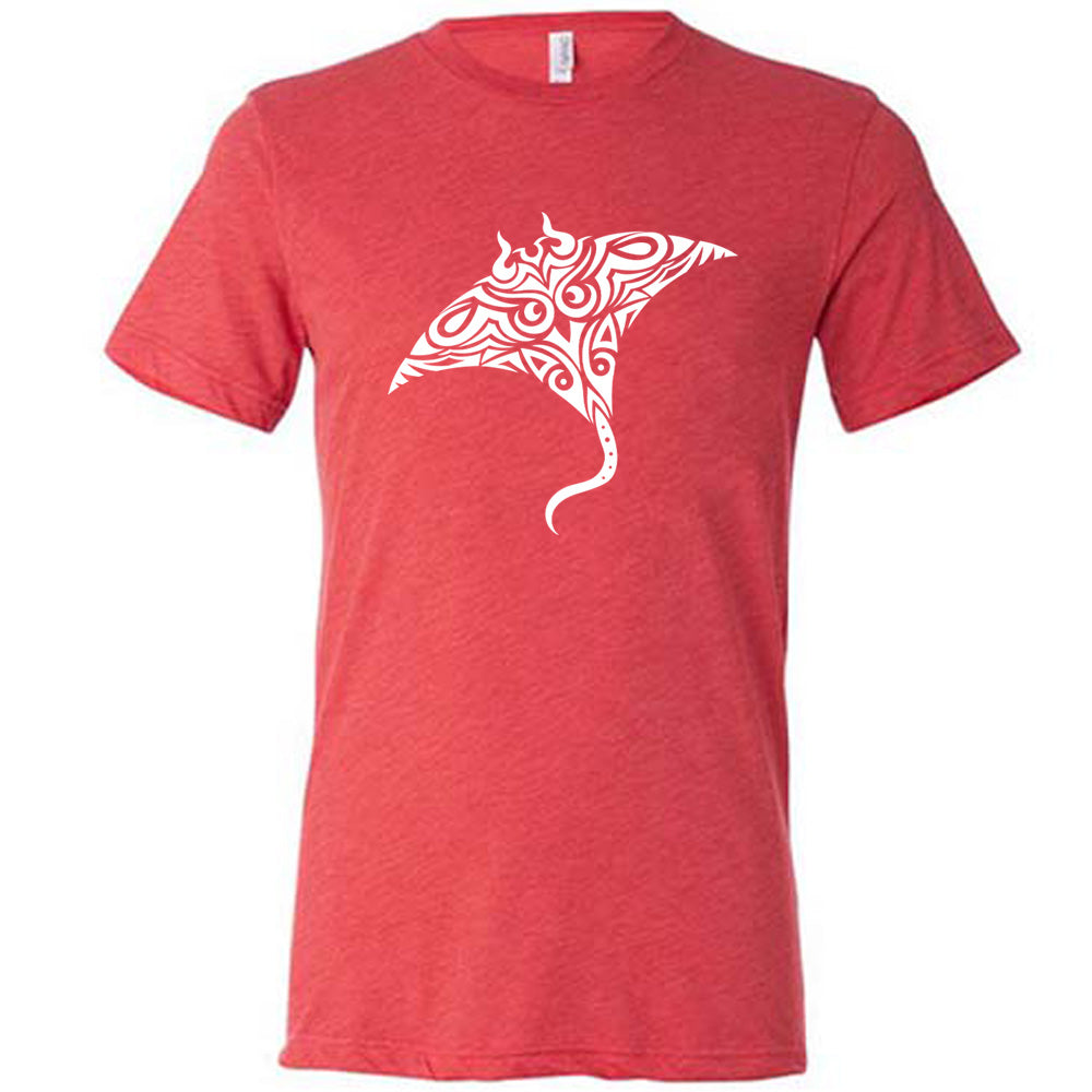 red unisex tee with the graphic of a manta ray in tribal design