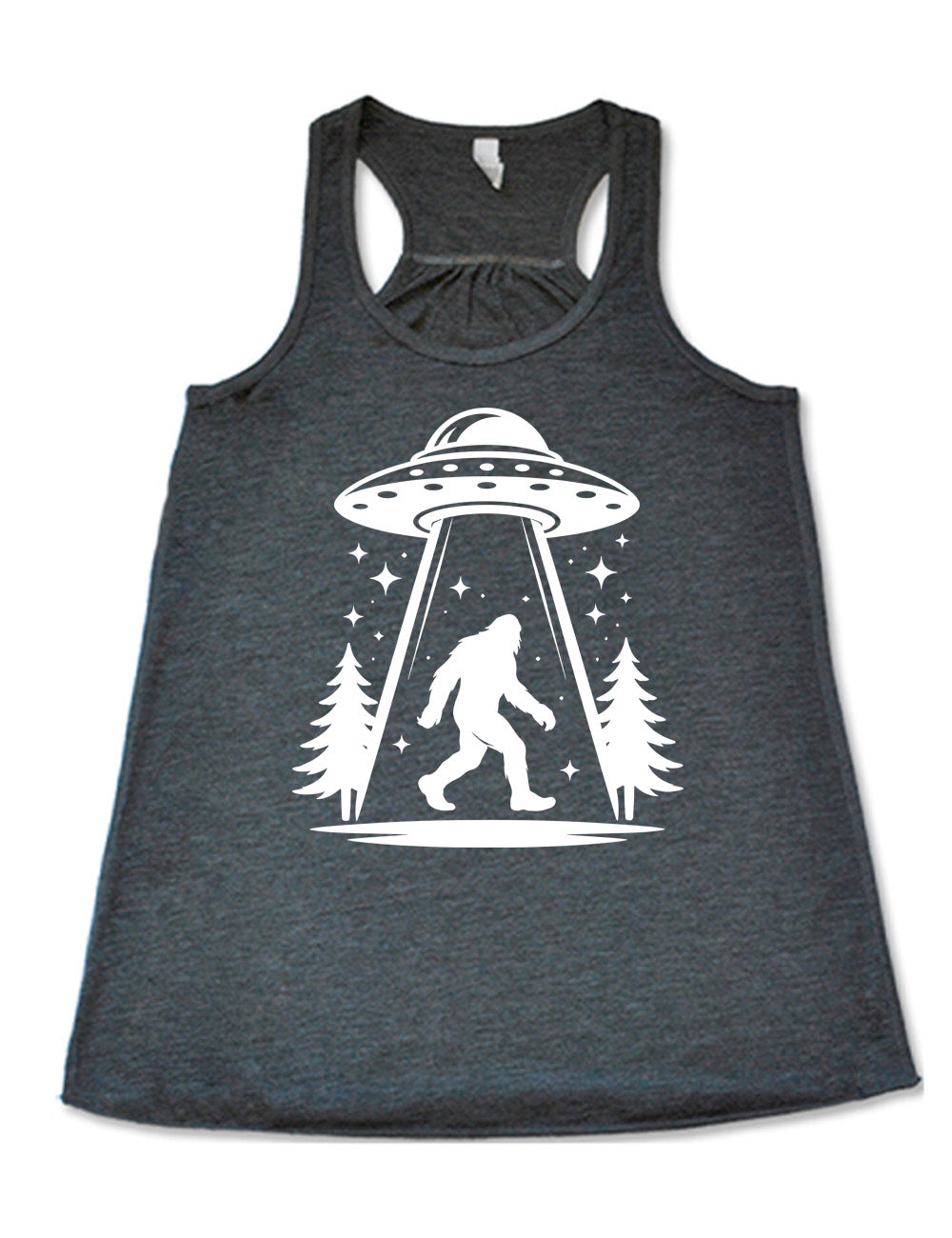 grey flowy racerback tank with the graphic of an alien spaceship beaming bigfoot up, with stars surrounding, and couple pine trees